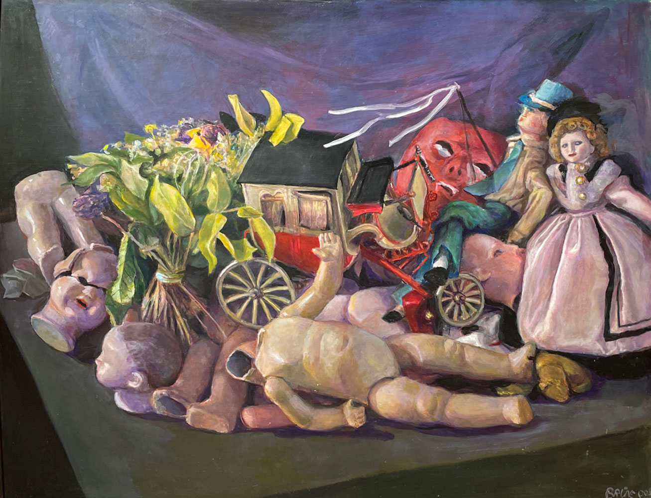 galerie-ahlers-gudrun-brüne-stillleben-mit-kutsche-2009-mischtechnik-auf-hartfaser-80 x 100 cm